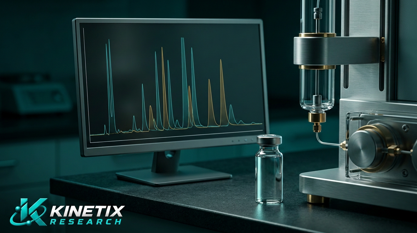 Illustrative laboratory scene for What Does 99% Peptide Purity Actually Mean? with the Kinetix Research logo