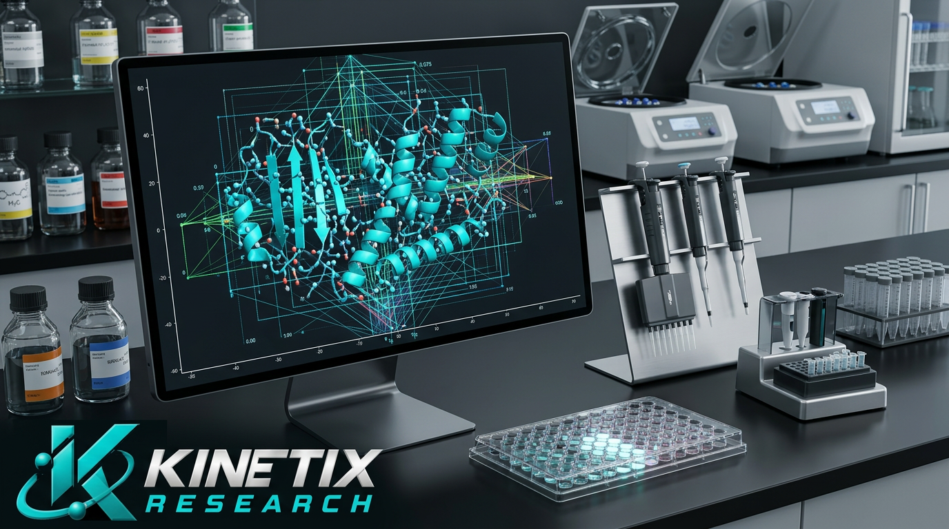 Illustrative computational peptide structure beside real laboratory assay equipment with the Kinetix Research logo