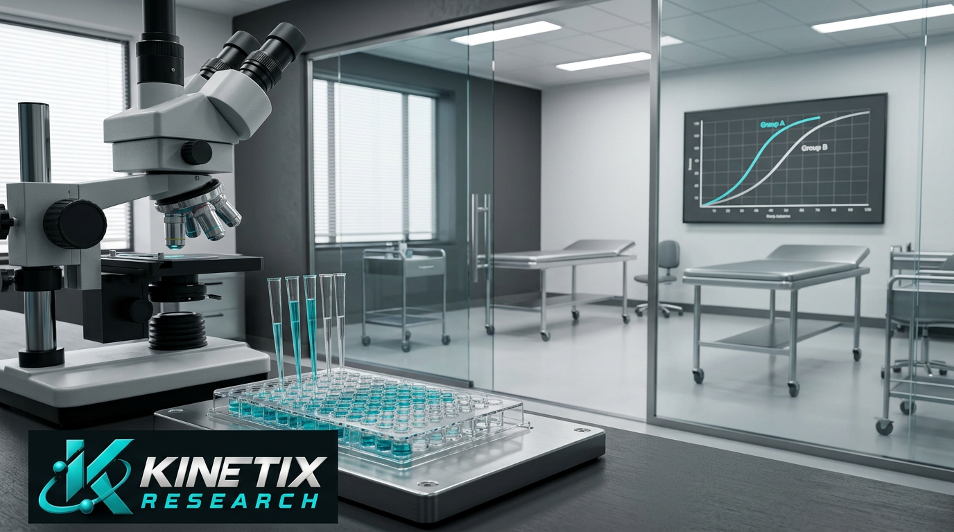 Illustrative laboratory assay equipment contrasted with a clinical research room and outcome curves with the Kinetix Research logo