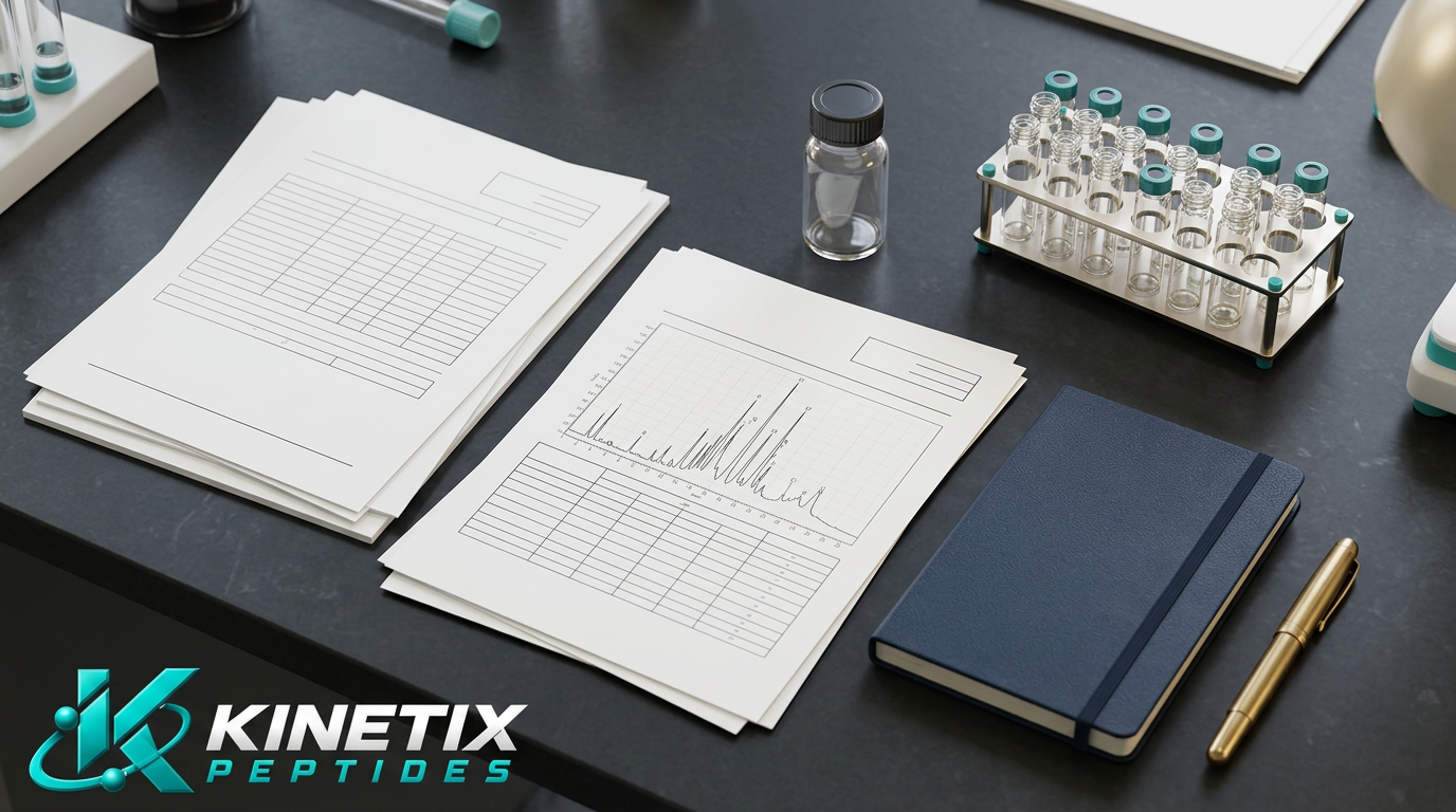 Illustrative analytical reports and sample vials with Kinetix Peptides branding
