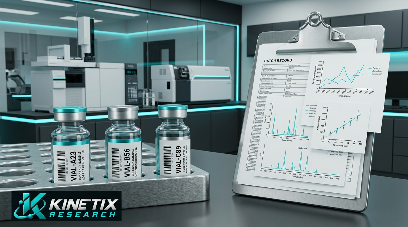 Illustrative batch-labeled laboratory vials and analytical record sheets with the Kinetix Research logo