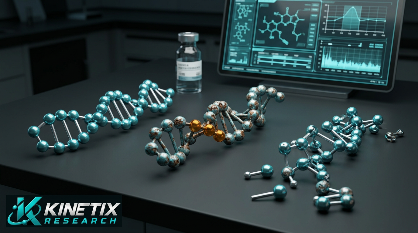 Illustrative intact, chemically altered and fragmented molecular models with the Kinetix Research logo