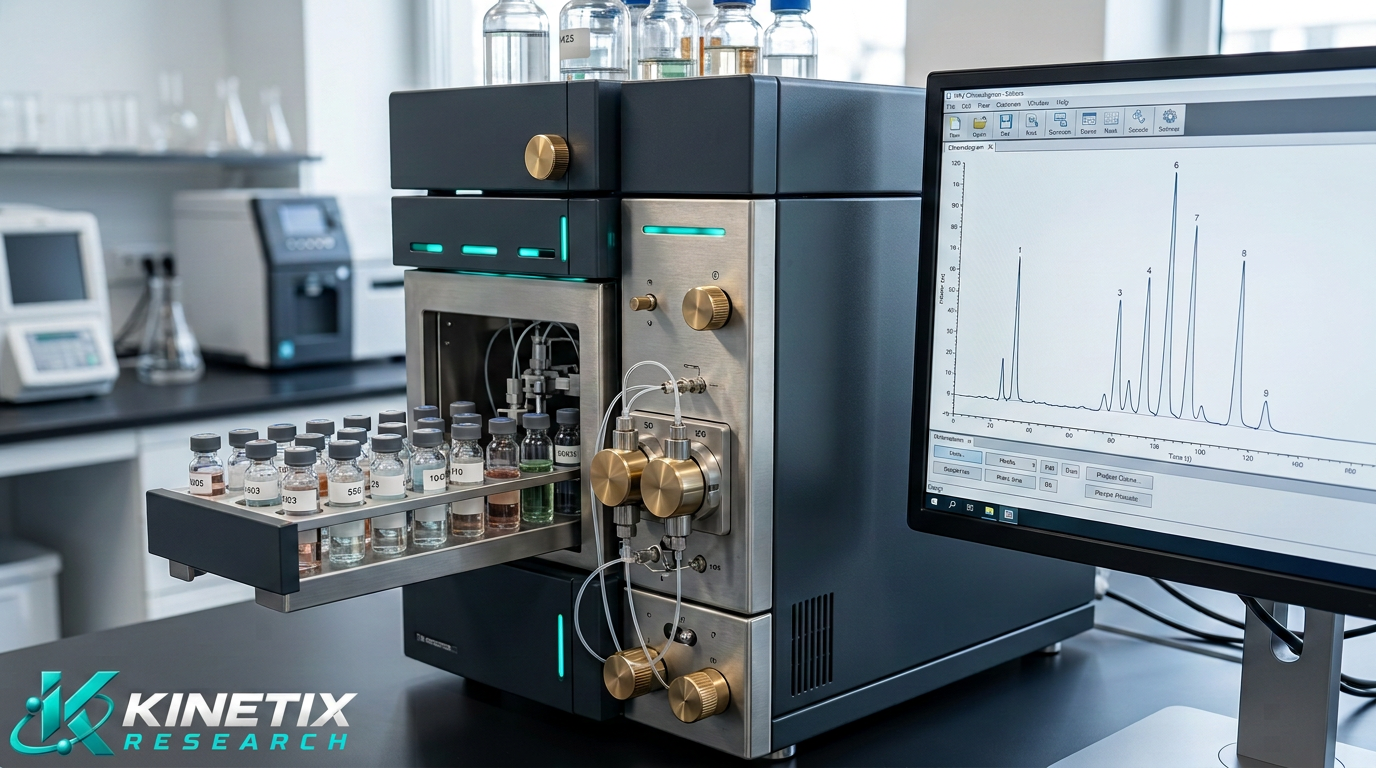 Illustrative HPLC laboratory equipment and chromatogram with Kinetix Research branding