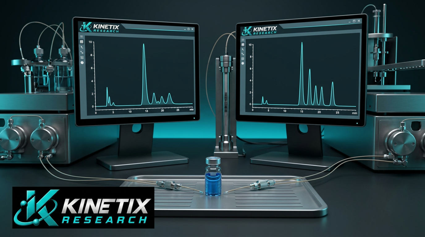 Two illustrative chromatography workstations with differing peak resolution and the Kinetix Research logo