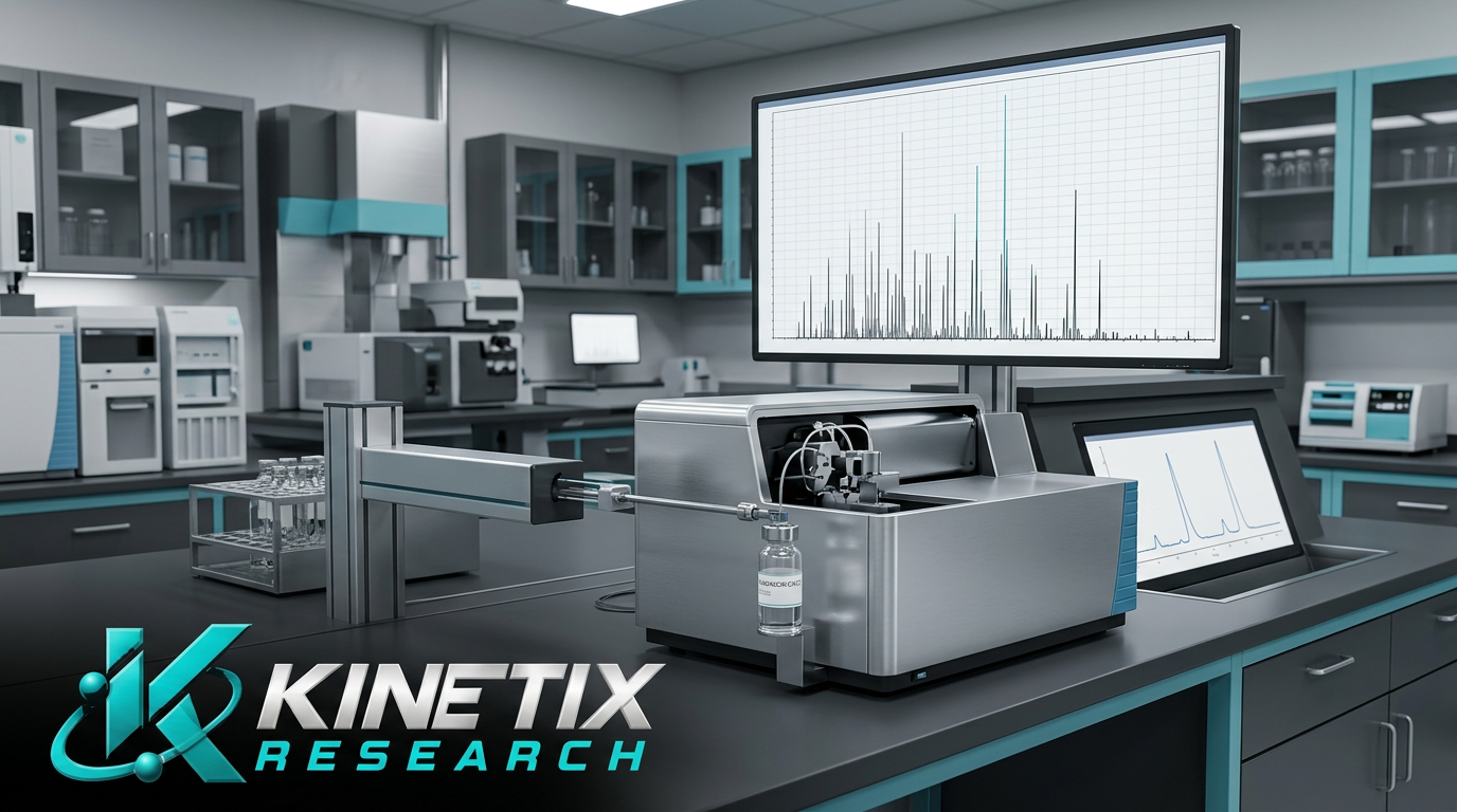 Illustrative mass spectrometry workstation displaying a mass spectrum and chromatography trace with the Kinetix Research logo