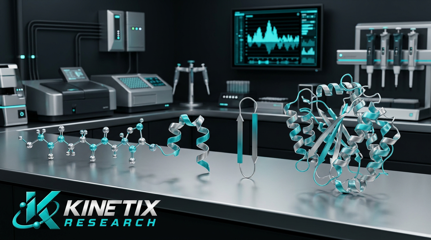 Illustrative short amino acid chain and larger folded protein model with the Kinetix Research logo