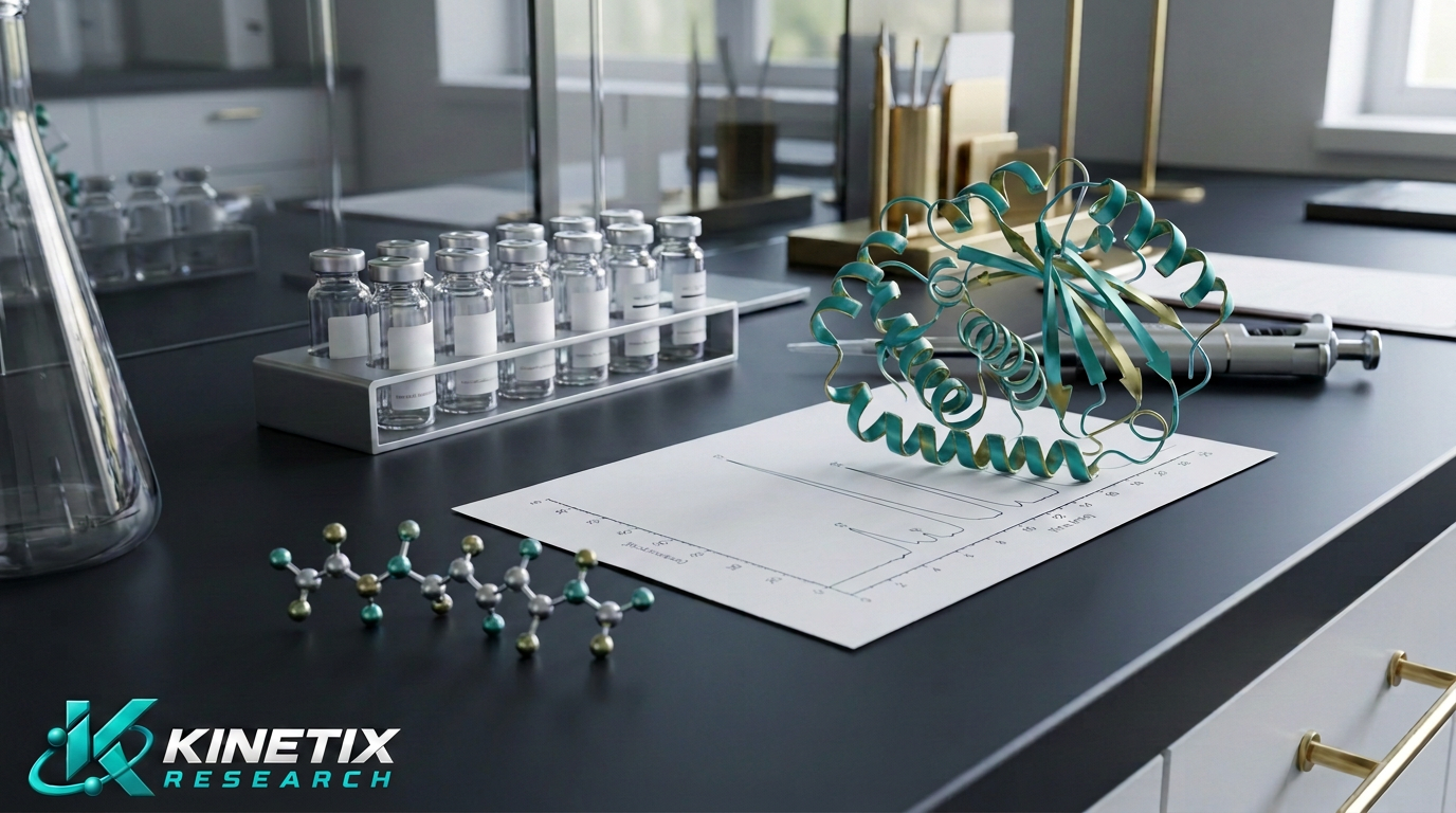 Illustrative laboratory scene for Peptides vs. Proteins: What’s the Difference? with the Kinetix Research logo
