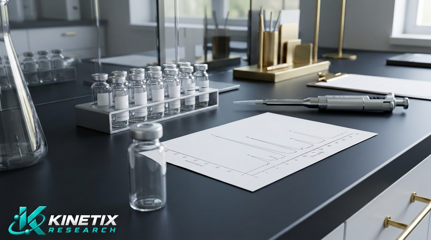 Illustrative sample vials and chromatography chart with Kinetix Research branding