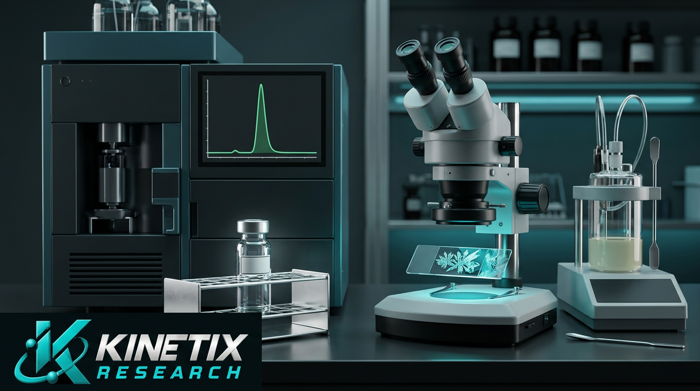 Illustrative chromatography, microscopy and separate sample-testing equipment with the Kinetix Research logo