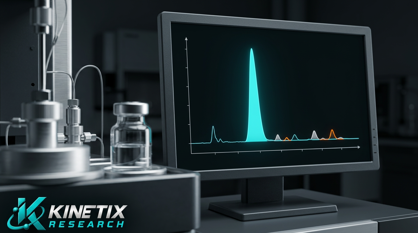 Illustrative chromatogram with a dominant peak and smaller impurity peaks beside an analytical instrument with the Kinetix Research logo