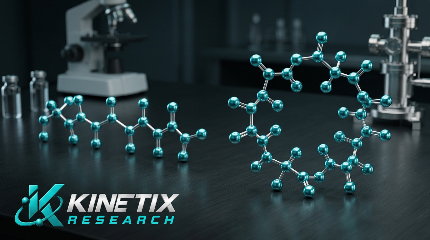Illustrative linear and cyclic molecular models on a laboratory bench with the Kinetix Research logo