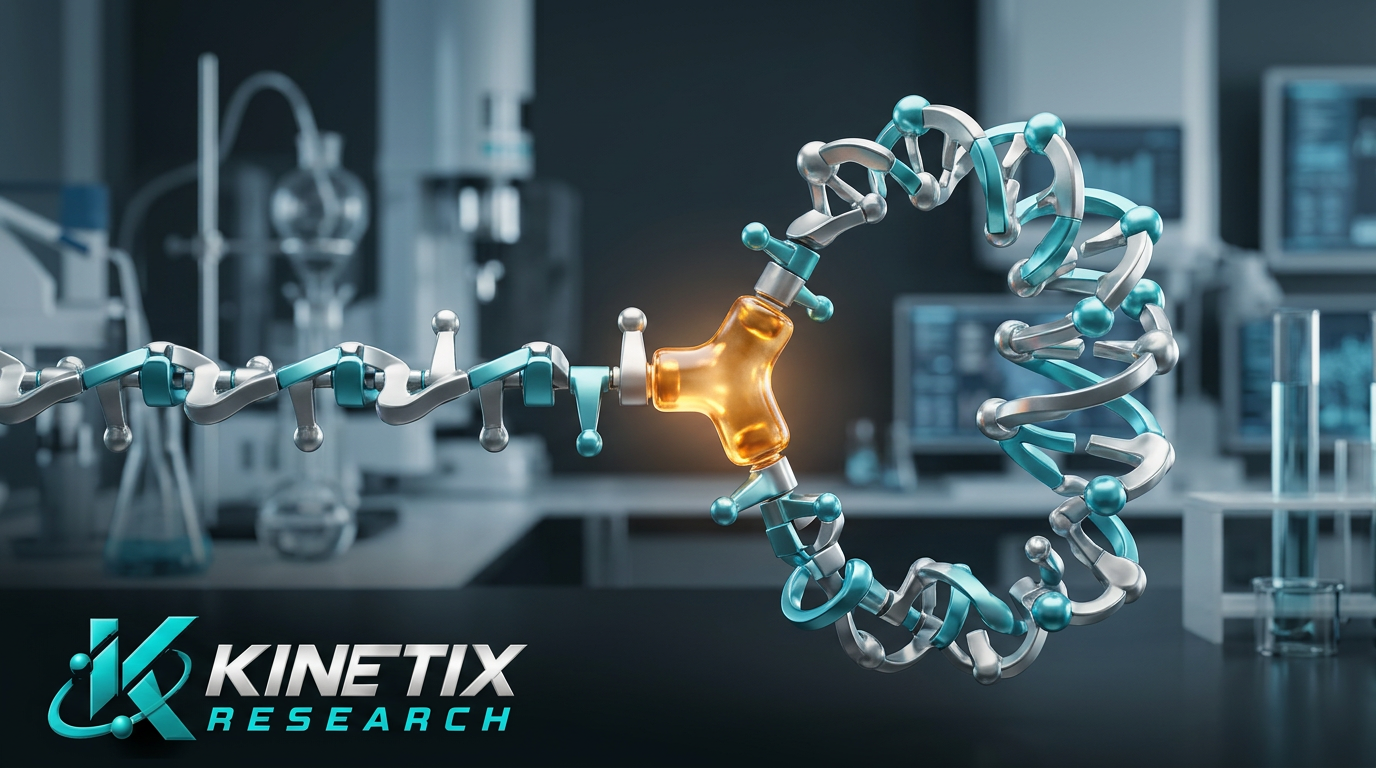 Illustrative peptide model with one contrasting residue changing chain geometry and the Kinetix Research logo