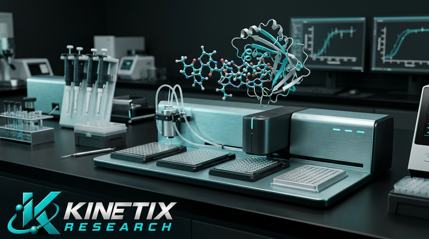 Illustrative peptide and protein binding models beside a biosensor assay workstation with the Kinetix Research logo